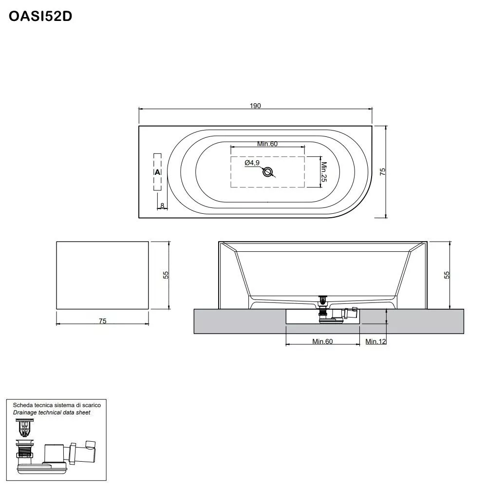 antoniolupi OASI freistehende Badewanne aus Cristalplant® mit einer abgerundeten Kante, Breite: 190cm, Tiefe: 75cm, Version rechts, weiß matt-OASI52D