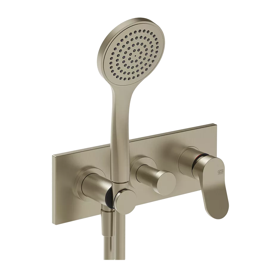 Gessi VIA MERAVIGLI Fertigmontageset für Dusch-Einhebelmischer zur Wandmontage, mit automatischem 2-Wege-Umsteller zum Drücken, Wandanschlussbogen, Schlauch 1,50m und Antikalk-Handbrause, Finox Optik - 56040149 Gessi VIA MERAVIGLI Fertigmontageset für Dusch-Einhebelmischer zur Wandmontage, mit automatischem 2-Wege-Umsteller zum Drücken, Wandanschlussbogen, Schlauch 1,50m und Antikalk-Handbrause, Finox Optik - 56040149
