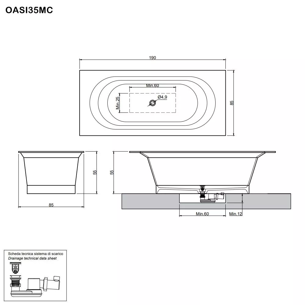 antoniolupi OASI rechteckige Einbau- oder freistehende Badewanne aus Cristalplant®, Breite: 190cm, Tiefe: 85cm, weiß matt-OASI35MC