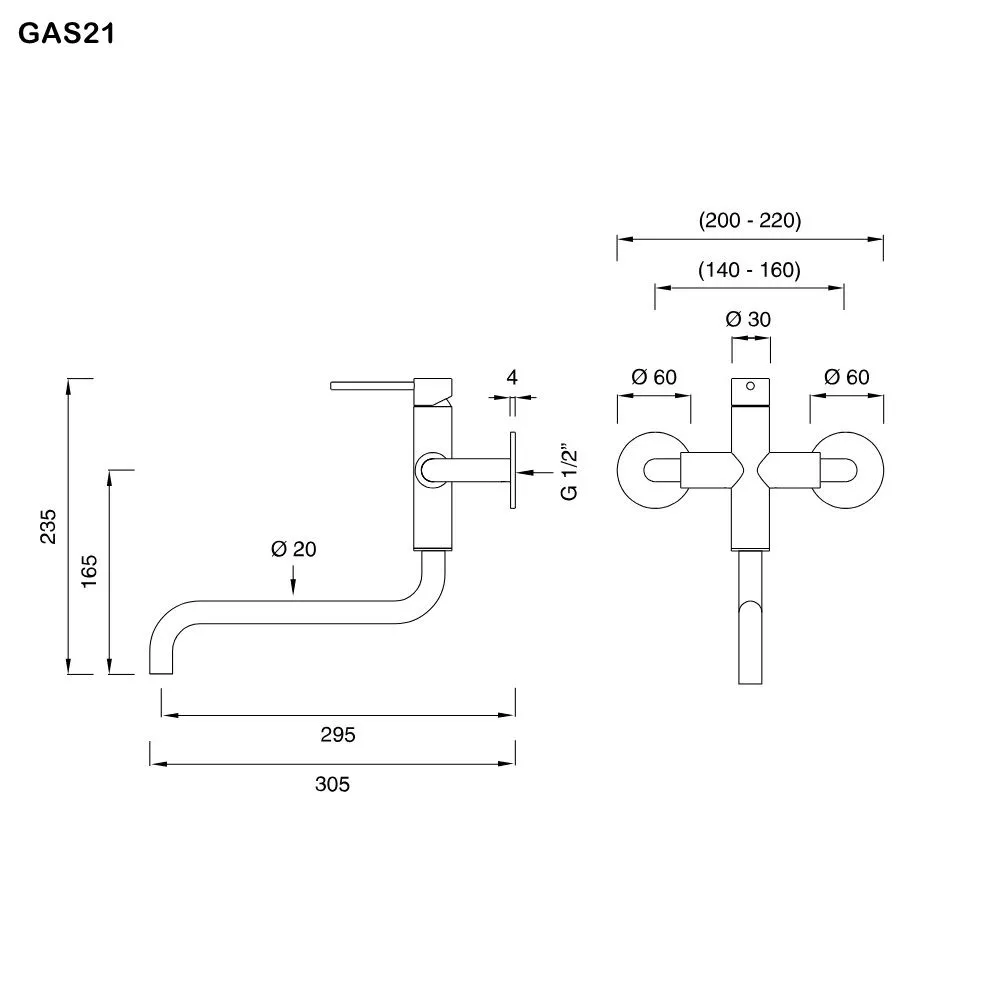 ceadesign GASTONE Wand-Armatur mit schwenkbarem Auslauf, Ausladung: 295mm, ohne Einbaukörper, edelstahl satiniert-GAS21S