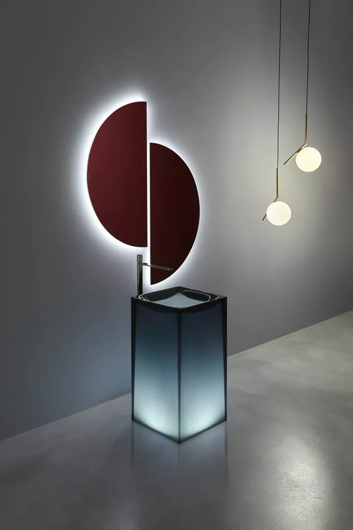 antoniolupi AURA freistehendes Waschbecken, 45x45x85cm, mit LED-Beleuchtung, petrolio, Ablaufgarnitur chrom-AURAWLU_PETROLIO