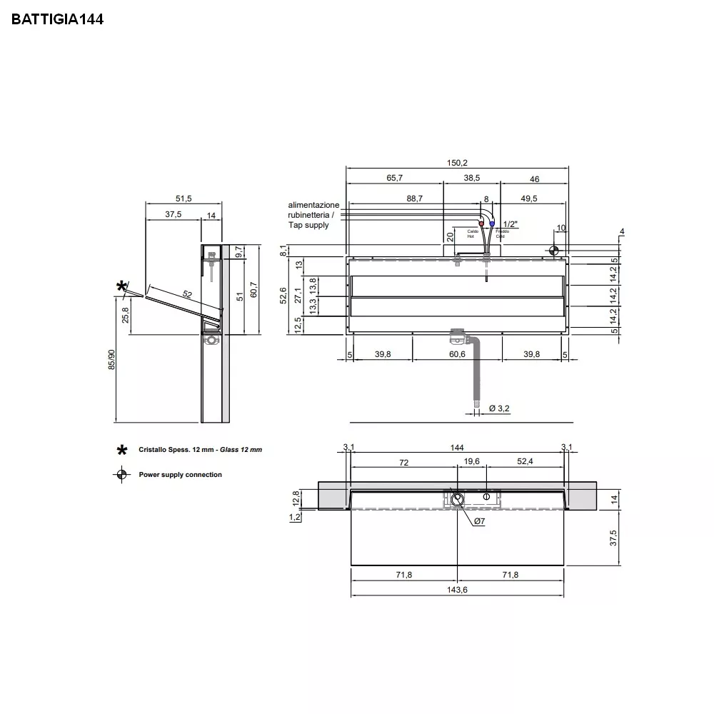 antoniolupi BATTIGIA Wandeinbaubecken mit Glasplatte, B:144cm, mit LED-Beleuchtung, satiniert-BATTIGIA144L_K3