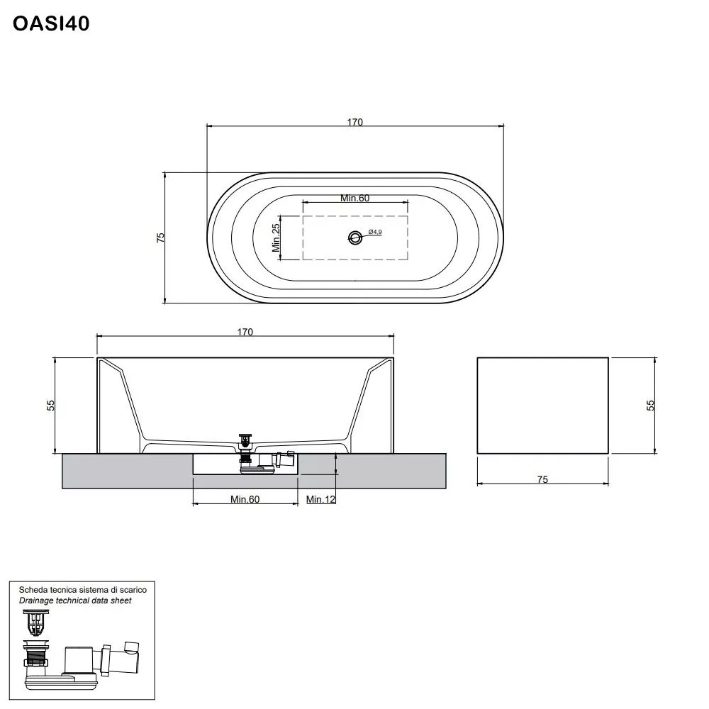 antoniolupi OASI freistehende Badewanne aus Cristalplant®, Breite: 180cm, Tiefe: 85cm, Höhe: 55cm, weiß matt-OASI40