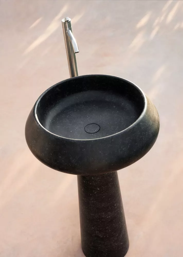 Agape BJHON 2 freistehendes Waschbecken aus Naturstein für Wandablauf, Durchmesser: 54,5cm, Höhe: 90cm, inklusive Ablaufgarnitur, petit granit - ACER1088MPG Agape BJHON 2 freistehendes Waschbecken aus Naturstein für Wandablauf, Durchmesser: 54,5cm, Höhe: 90cm, inklusive Ablaufgarnitur, petit granit - ACER1088MPG