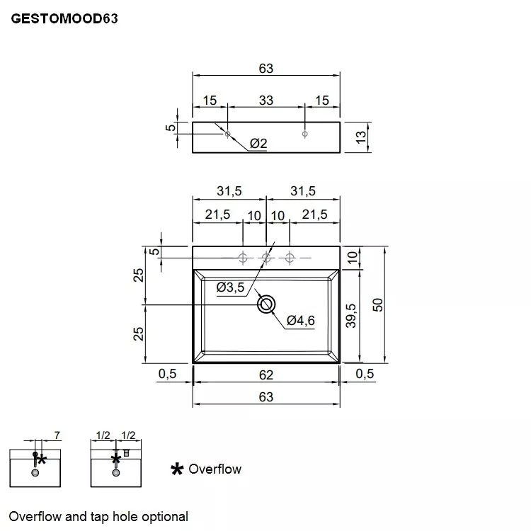 antoniolupi GESTOMOOD rechteckiges Aufsatzbecken, 63x50cm, ohne Hahnloch, weiß matt, Ablaufgarnitur weiß matt-GESTOMOOD63-2-0-0-AB