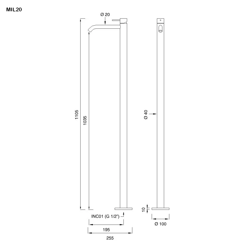 cea MIL 20 freistehender Waschtisch-Eingriffmischer, H:1105mm, edelstahl satiniert-MIL20S