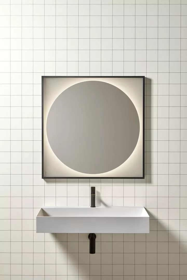 antoniolupi MOON 2-Schicht-Spiegel mit Hintergrundbeleuchtung, Breite: 70cm, Höhe: 70cm, Lichtfarbe: 3000K, warmweiß, Aluminiumrahmen schwarz matt-MOON7070W-3000