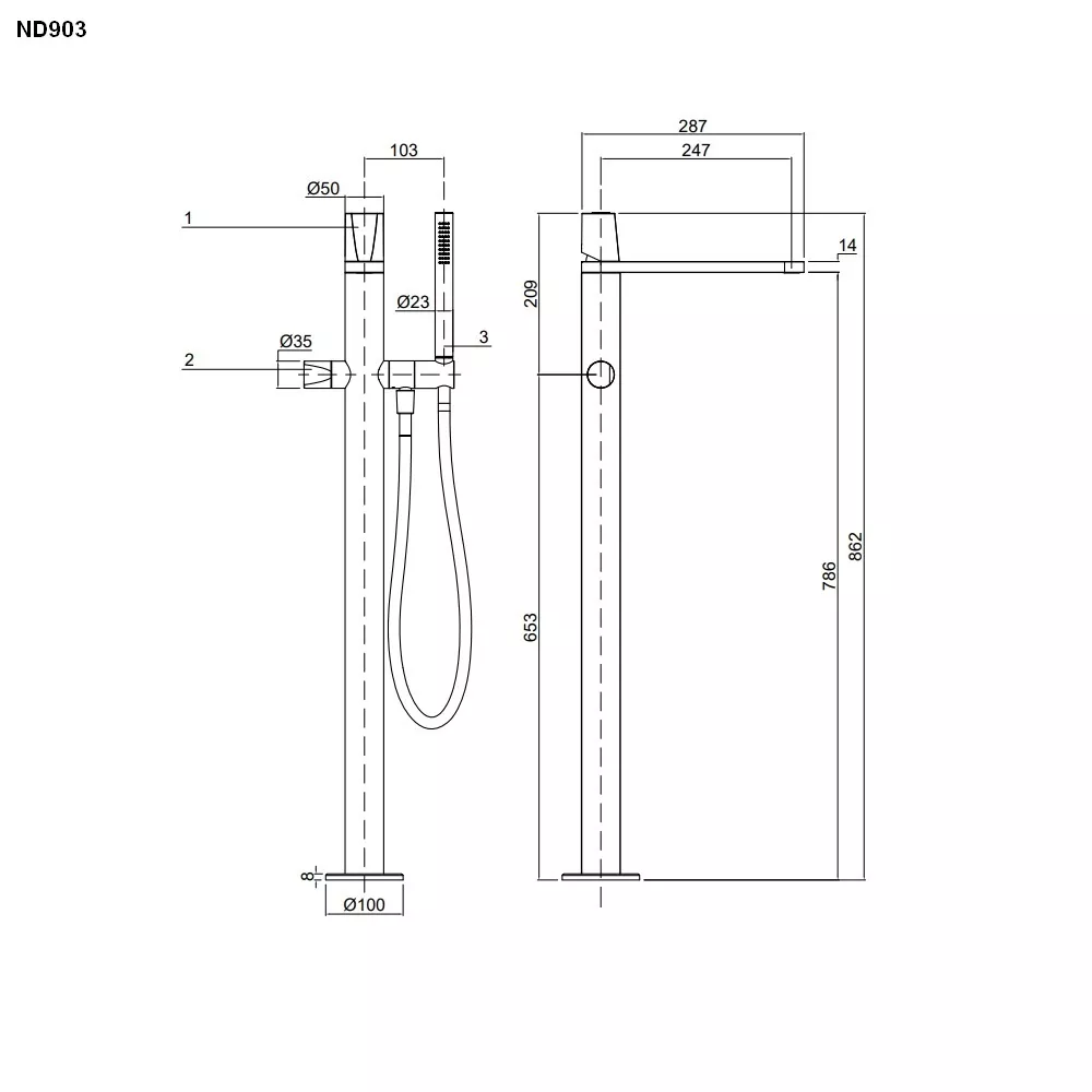 antoniolupi INDIGO ND 903 freistehender Badewannen-Eingriffmischer mit Stabhandbrause, H:860mm-ND903LU-P