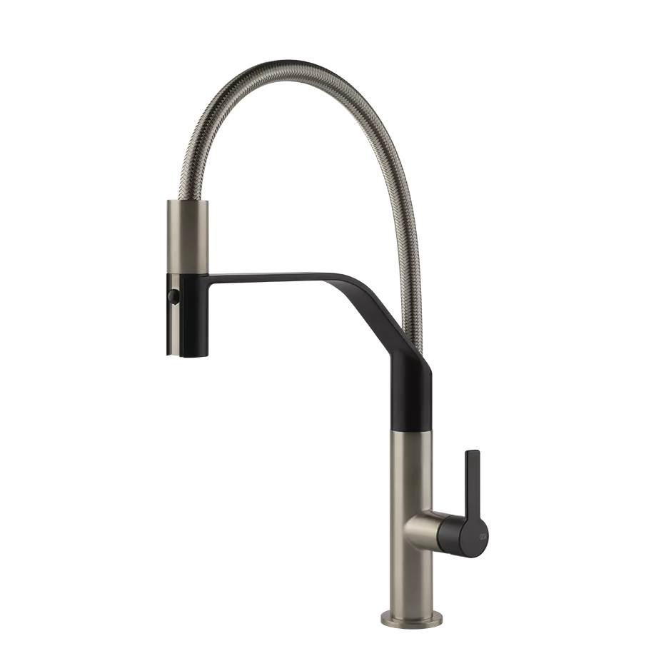 Gessi MESH Semi-Pro Einhebelmischer mit Schwenkarm und Auszugsbrause mit 2 Strahlfunktionen, Finox nickel gebürstet / schwarz - 60005599