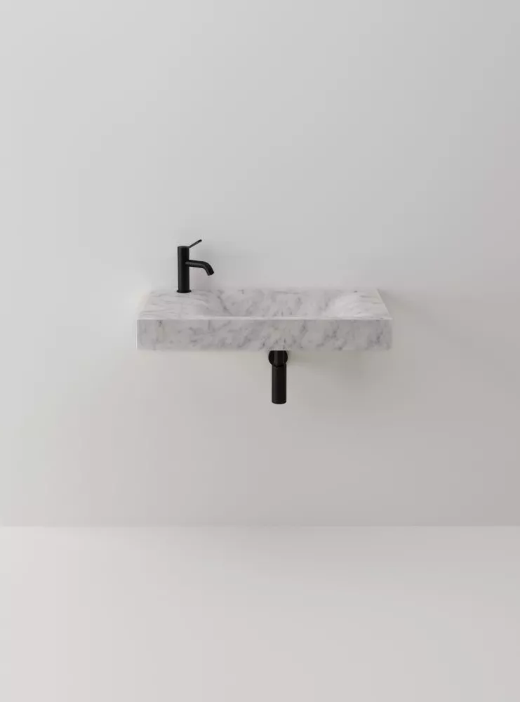 Agape 815 rechteckiges Wandbecken aus Naturstein, Breite: 80cm, Tiefe: 42,8cm, Höhe: 10cm, inklusive Ablaufgarnitur, Becken rechts, mit 1 Hahnloch hinten, bianco carrara - ACER0815084DBMC