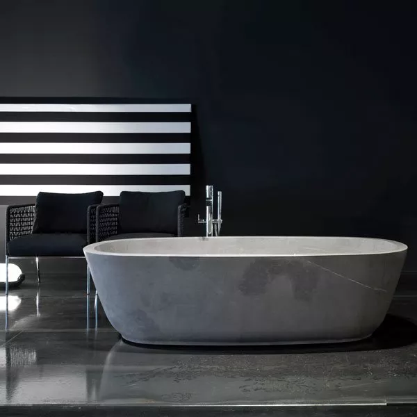 antoniolupi BAÌA Badewanne aus Naturstein, 185x90x50cm, grigio imperiale, Ablaufgarnitur chrom-BAIAGILU