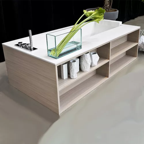 antoniolupi BIBLIO Badewanne mit Frontablagefächern mit Holzverkleidung, 170x90x53,5cm, rovere naturale, Ablaufgarnitur weiß matt-BIBLIO54_ROVERE_NATURALE