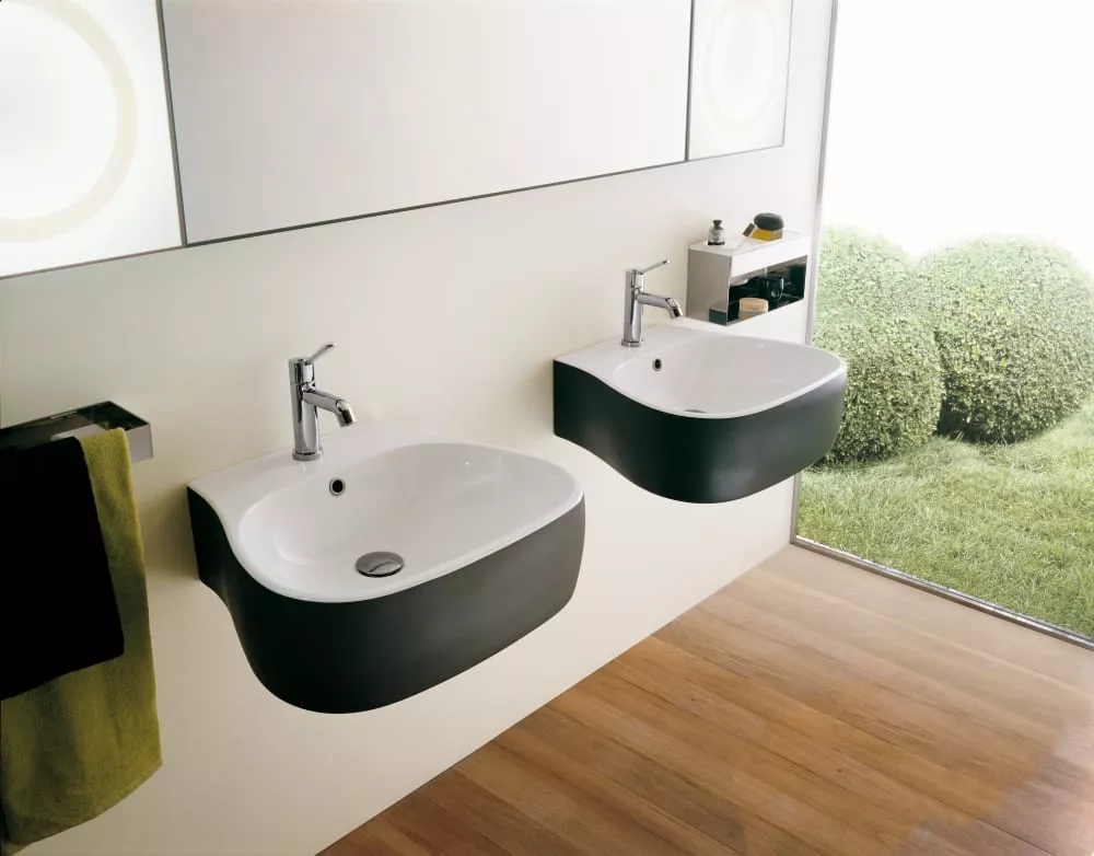 Agape PEAR Wandbecken aus Keramik, Breite: 55cm, Tiefe: 49cm, Höhe: 18cm, mit 3 Hahnlöchern, Farbe innen weiß glänzend, Farbe außen dunkelgrau - ACER08953RZG