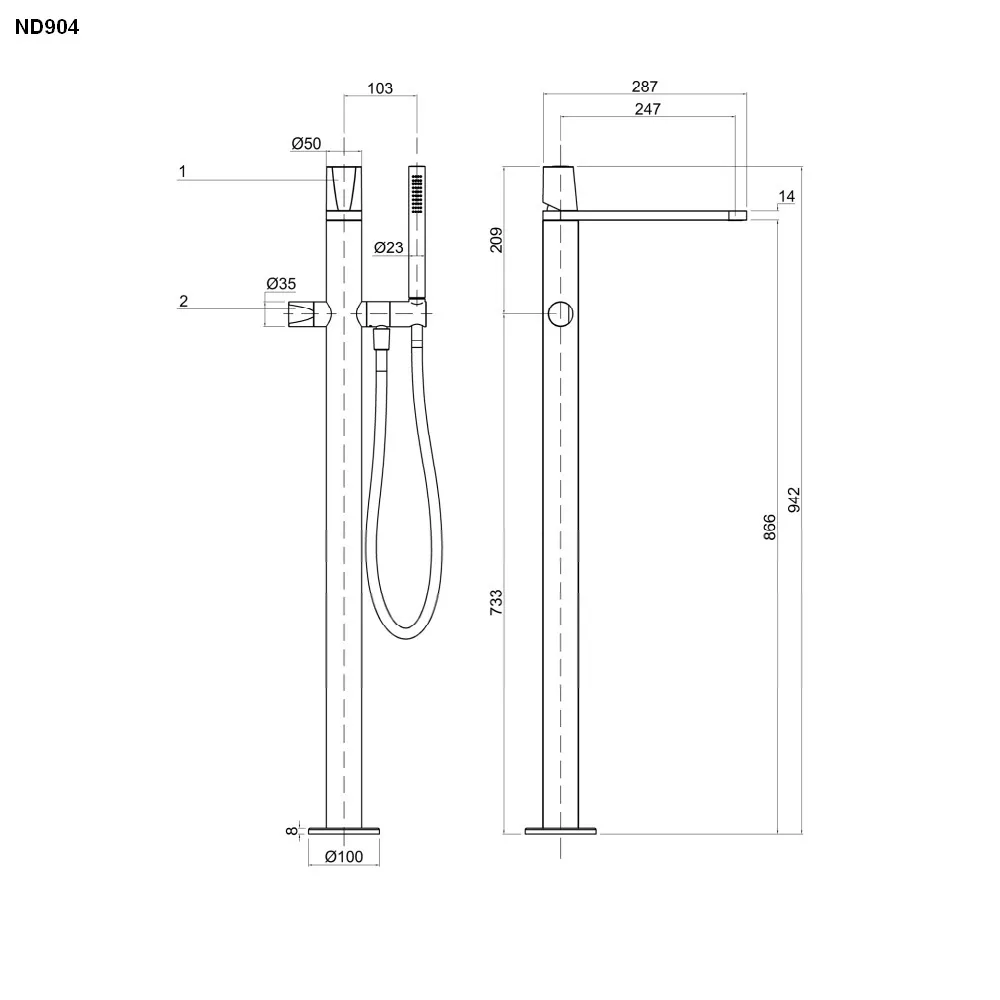 antoniolupi INDIGO ND 904 freistehender Badewannen-Eingriffmischer mit Stabhandbrause, H:940mm-ND904LU-P