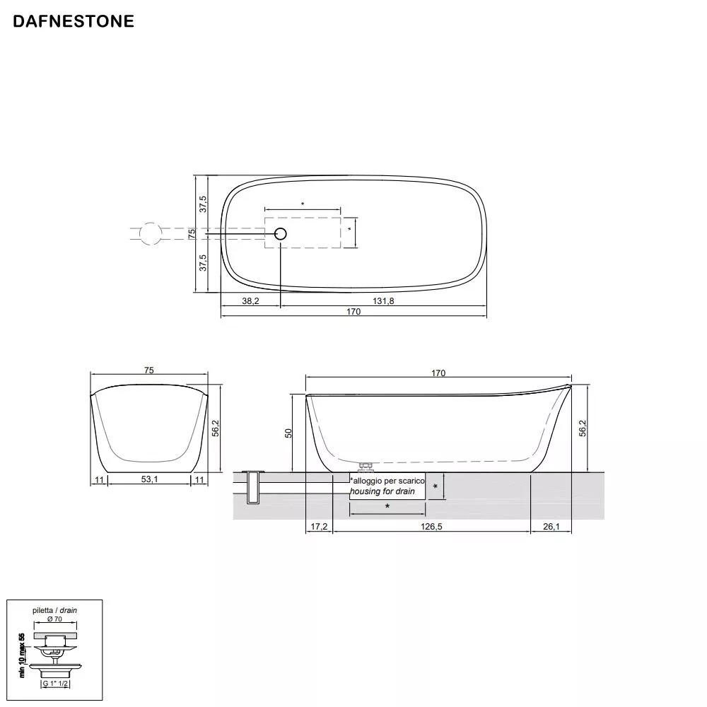 antoniolupi DAFNE freistehende Badewanne aus Naturstein, 170x75cm, bianco carrara-DAFNESTONE-MC