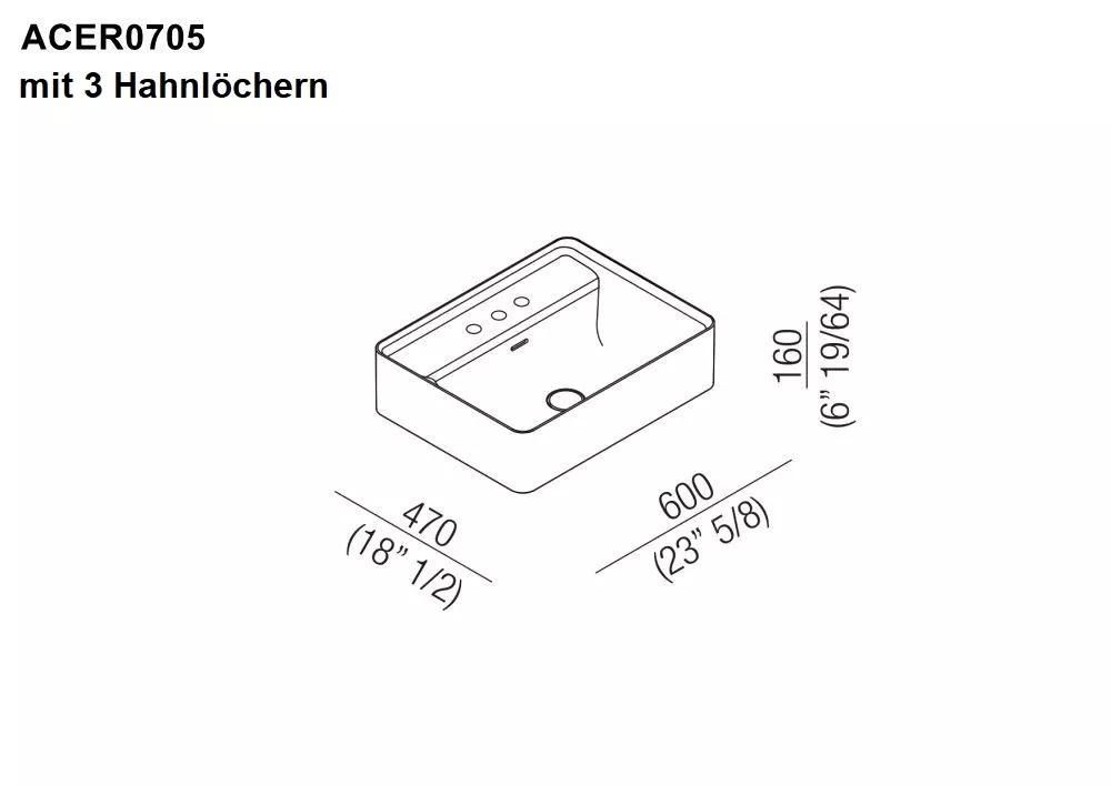 Agape MARSIGLIA Aufsatzbecken aus Cristalplant®, Breite: 60cm, Tiefe: 47cm, Höhe: 16cm, inklusive Ablaufgarnitur, mit 3 Hahnlöchern, Farbe außen dunkelgrau, Farbe innen weiß matt - ACER0705P3RZG