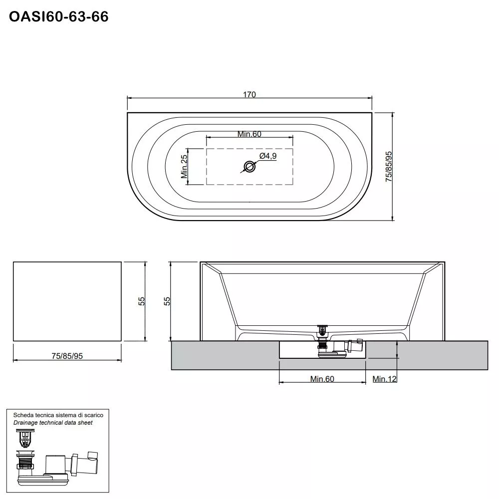antoniolupi OASI freistehende Badewanne aus Cristalplant® mit zwei abgerundeten Kanten, Breite: 170cm, Tiefe: 75cm, Höhe: 55cm, weiß matt-OASI60