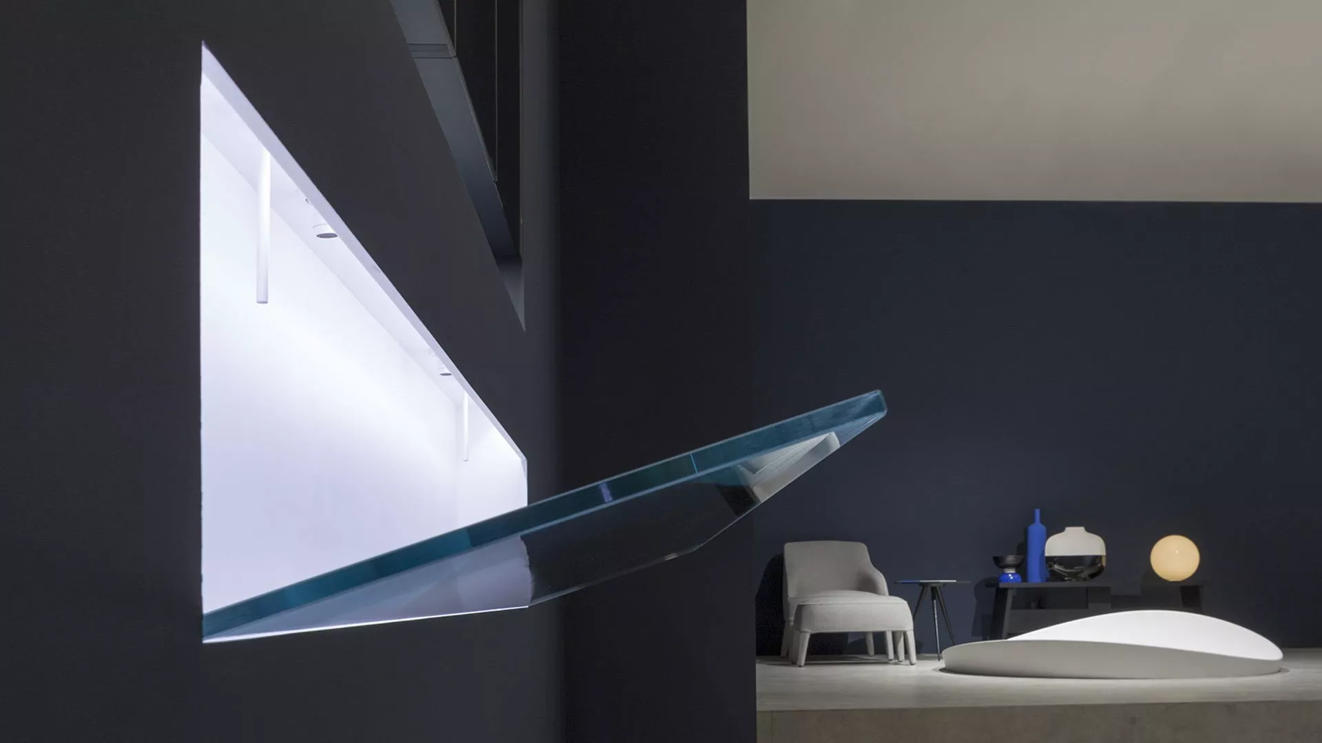 antoniolupi BATTIGIA Wandeinbaubecken mit Glasplatte, B:180cm, mit LED-Beleuchtung, satiniert-BATTIGIA180L_K3