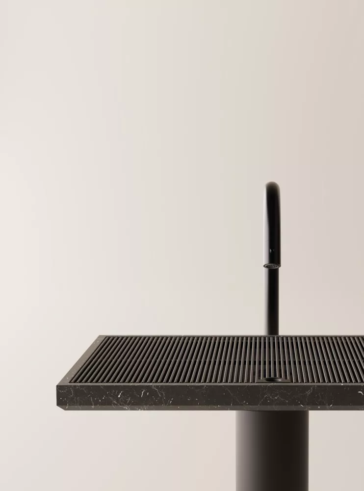 Agape ELL GRID freistehender Waschtisch mit Wandablauf, Breite: 63cm, Tiefe: 38cm, Höhe: 86cm, inklusive Ablaufgarnitur, Säule aus schwarz beschichtetem Stahl, Gitter aus Deep Caviar Corian®, Platte aus Naturstein, nero marquinia - ACER0996VP+ACER0997ME