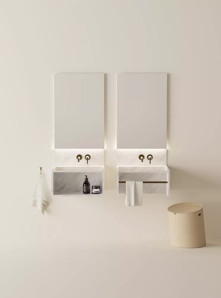 Agape FACE À FACE rechteckiges Wandbecken aus Naturstein mit Handtuchhalter, Breite: 120cm, Tiefe: 50cm, Höhe: 30cm, bianco carrara - ACER5060PS12-0MC Agape FACE À FACE rechteckiges Wandbecken aus Naturstein mit Handtuchhalter, Breite: 120cm, Tiefe: 50cm, Höhe: 30cm, bianco carrara - ACER5060PS12-0MC