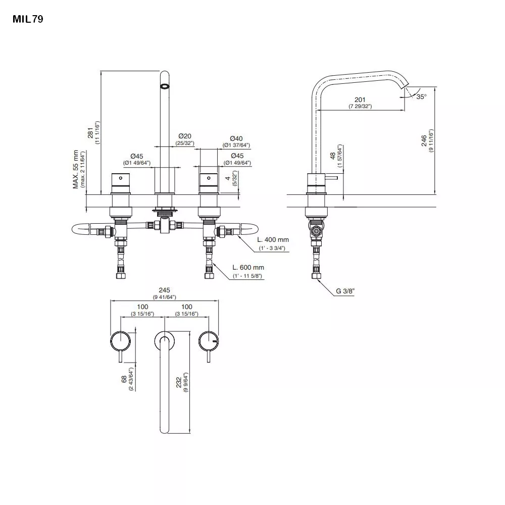 cea MIL 79 Dreiloch-Zweigriffmischer mit Schwenkauslauf , H:280mm, edelstahl satiniert-MIL79S