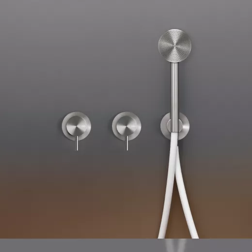 ceadesign MILO360 Wand-Brause-Doppel-Eingriffmischer mit Rundkopfhandbrause D:65mm und Deckenregenbrause FRE35, edelstahl satiniert