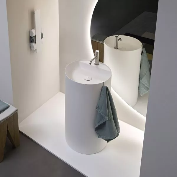 antoniolupi SIMPLO freistehendes Waschbecken aus Flumood®, Durchmesser: 45cm, Höhe: 85cm, mit Hahnloch, innen weiß matt, Ablaufgarnitur weiß matt, außen lackiert nach antoniolupi Farbkarte-SIMPLO85-5-DIV-1-0