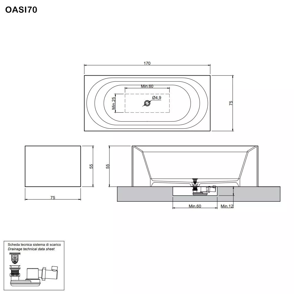 antoniolupi OASI rechteckige freistehende Badewanne aus Cristalplant®, Breite: 170cm, Tiefe: 75cm, weiß matt-OASI70