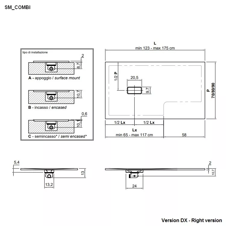 antoniolupi SUMISURA COMBI Duschtasse 70x149cm, Version links, weiß matt-SM_COMBI70149_SX