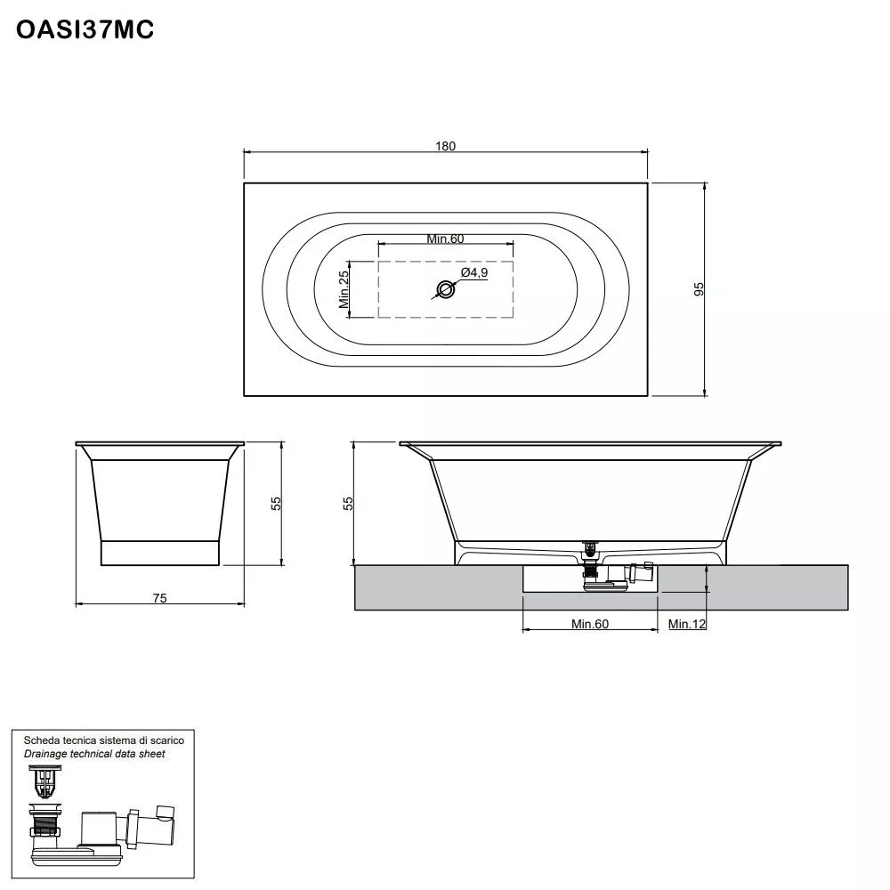 antoniolupi OASI rechteckige Einbau- oder freistehende Badewanne aus Cristalplant®, Breite: 180cm, Tiefe: 95cm, weiß matt-OASI37MC