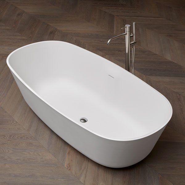 antoniolupi BAÌA Badewanne aus CRISTALPLANT® biobased, 185x90x50cm, weiß matt, Ablaufgarnitur edelstahl satiniert-BAIASA