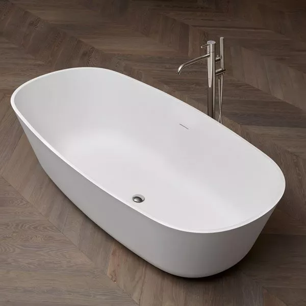 antoniolupi BAÌA Badewanne aus CRISTALPLANT® biobased, 185x90x50cm, weiß matt, Ablaufgarnitur edelstahl satiniert-BAIASA
