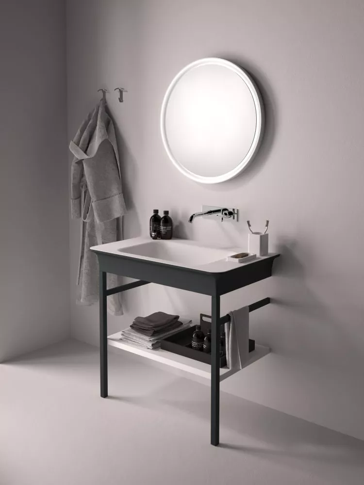 Agape NOVECENTO XL Waschtisch mit Becken aus Ceramilux®, Breite: 90cm, Tiefe: 55cm, Höhe: 85,7cm, ohne Hahnloch, Gestell aus lackiertem Edelstahl, Farbe innen weiß matt, Farbe außen dunkelgrau - ACER10700RBG+ACER1072G