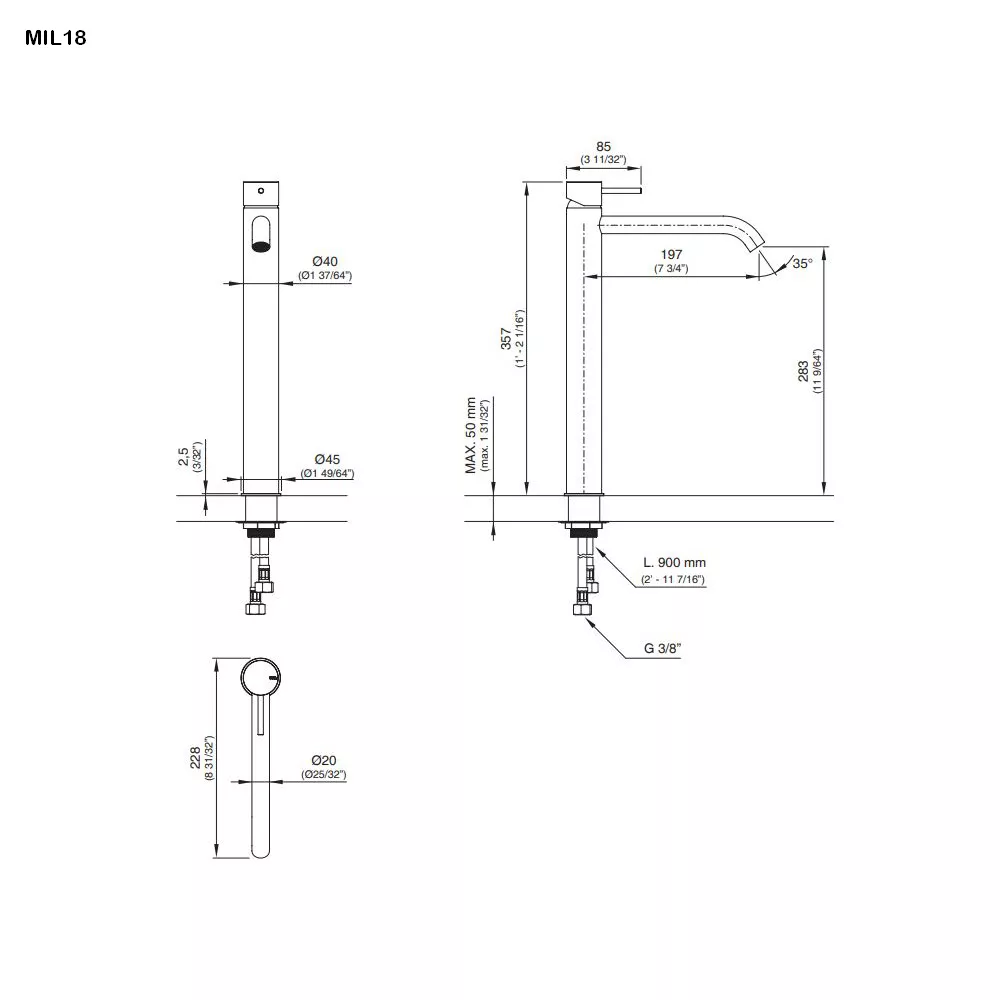 cea MIL 18 Waschtisch-Eingriffmischer, H:355mm, edelstahl satiniert-MIL18S