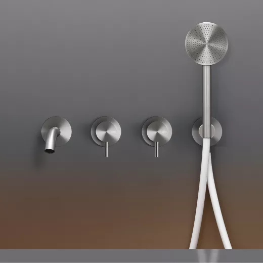 cea MIL 44H Wand-Wannen-Doppel-Eingriffmischer, Ausladung:185mm mit Rundkopf-Handbrause D:80mm, edelstahl satiniert, Schlauch weiß-MIL44HWS