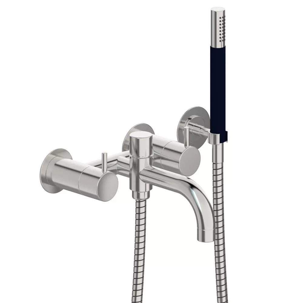 vola 1641T8 Aufputz-Wannen-Zweigriffmischer, Ausladung:200mm, mit Brausehalter und Handbrause, Hebel:25mm, chrom-1641T8-16