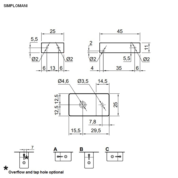 antoniolupi SIMPLOMANI rechteckiges Handwaschbecken, 45x25cm, Becken links, ohne Hahnloch, weiß matt, Ablaufgarnitur weiß matt - SIMPLOMANI-2-C-0-0