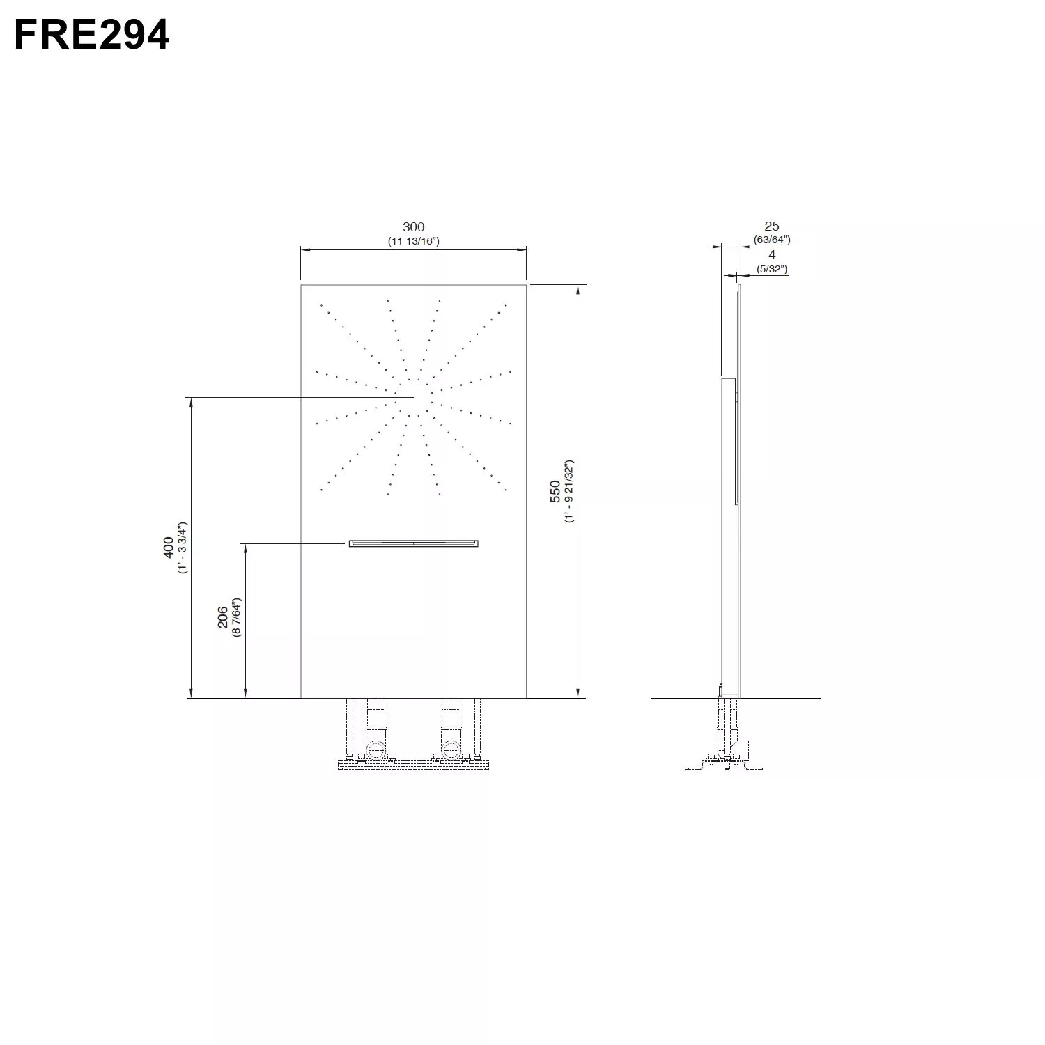 cea FRE294 2-Wege-Kopfbrause mit Regenstrahl und Wasserfallstrahl, Breite: 30cm, Tiefe: 55cm, edelstahl satiniert - FRE294S