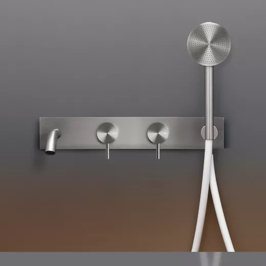cea MIL 86H Wand-Wannen-Doppel-Eingriffmischer, Ausladung:185mm mit Rundkopf-Handbrause D:80mm, edelstahl satiniert, Schlauch weiß-MIL86HWS