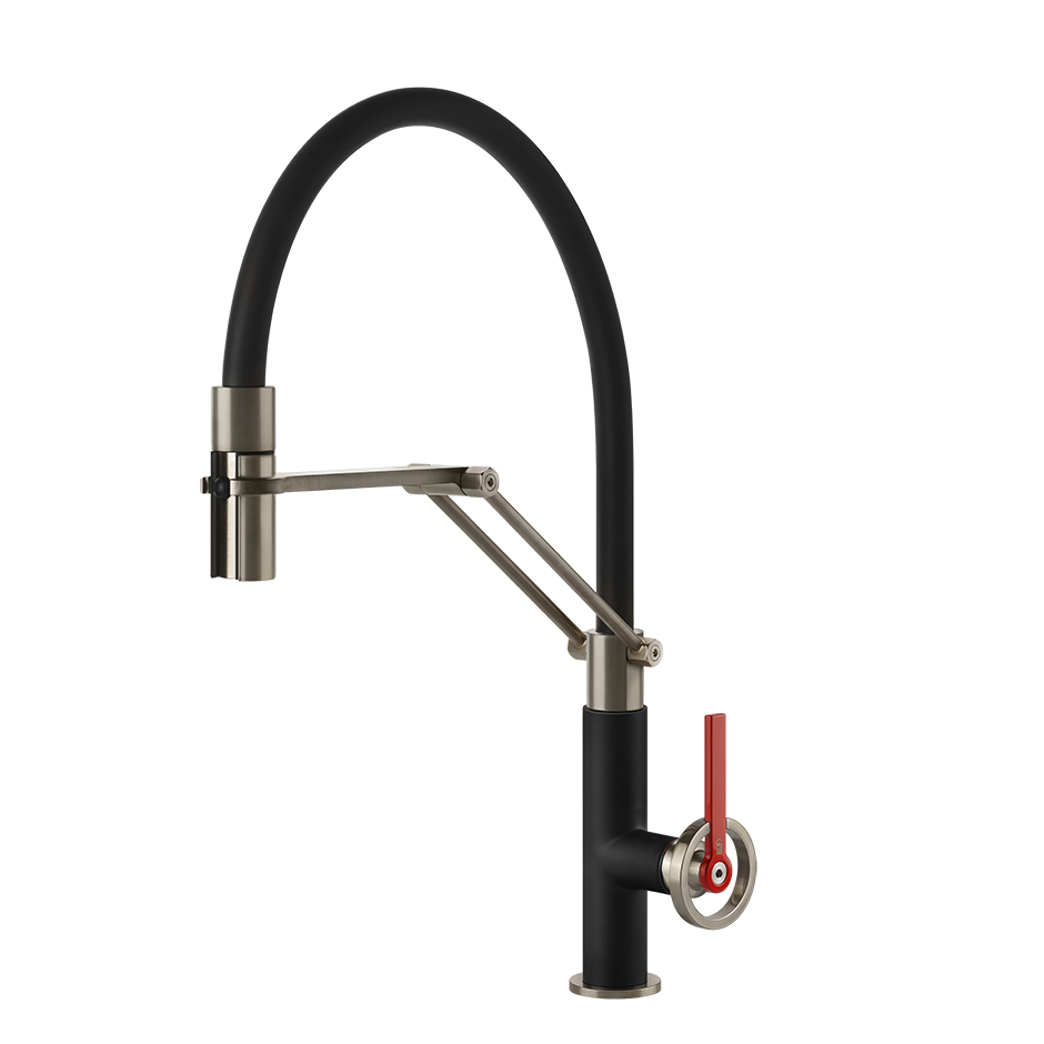 Gessi OFFICINE V Semi-Pro Einhebelmischer mit Schwenkarm und Auszugsbrause mit 2 Strahlfunktionen, Finox nickel gebürstet / schwarz - 60205599