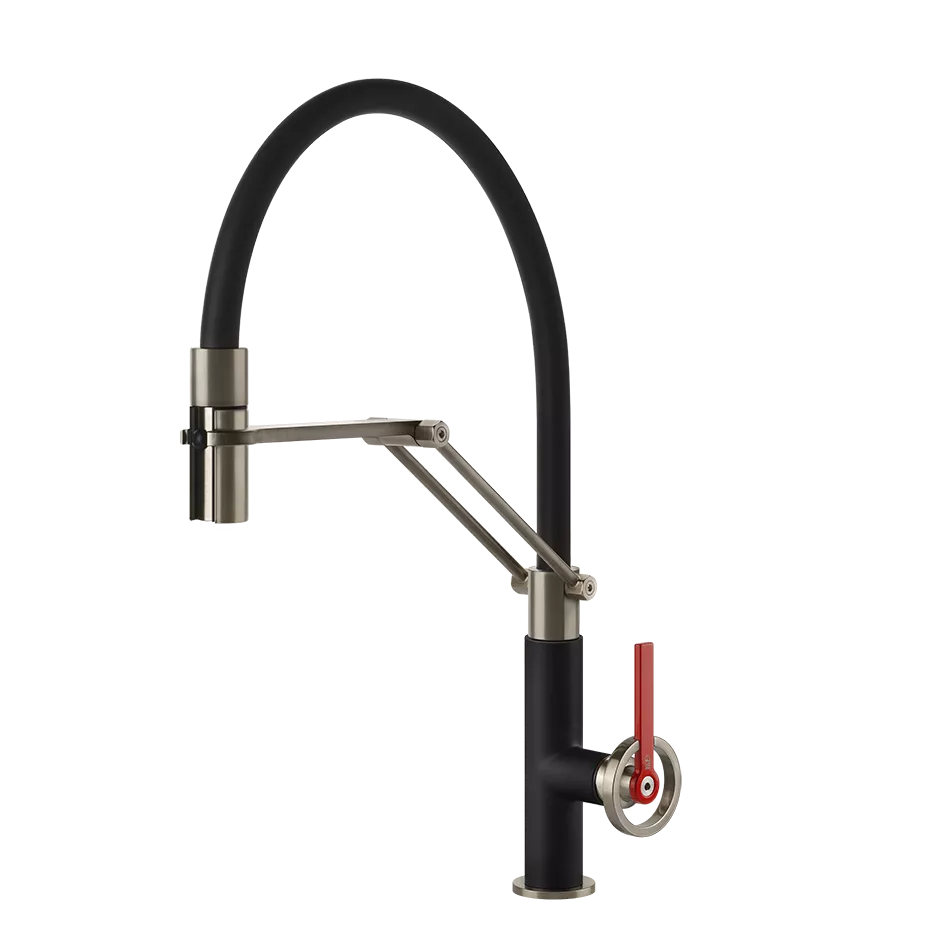 Gessi OFFICINE V Semi-Pro Einhebelmischer mit Schwenkarm und Auszugsbrause mit 2 Strahlfunktionen, Finox nickel gebürstet / schwarz - 60205599