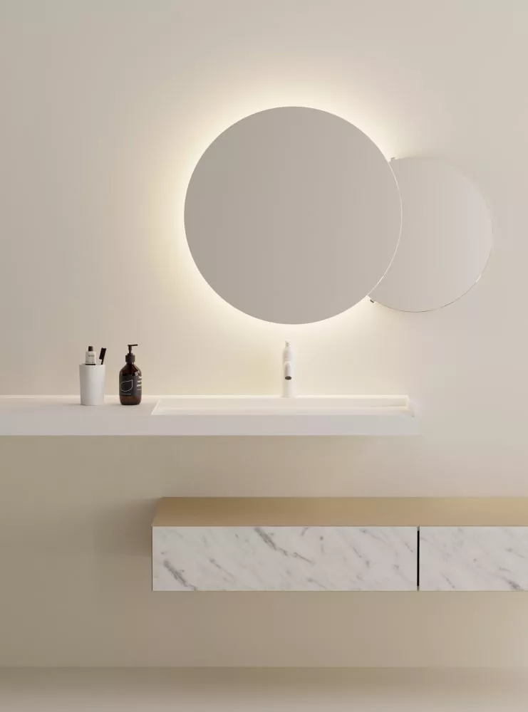 Agape LITORALE Waschtischplatte mit Waschbecken aus Solid Surface und einem Ablauf, Breite: 240cm, Tiefe: 50cm, Höhe: 6cm, 1 Hahnloch, weiß matt - ALIT1-1R2400SS