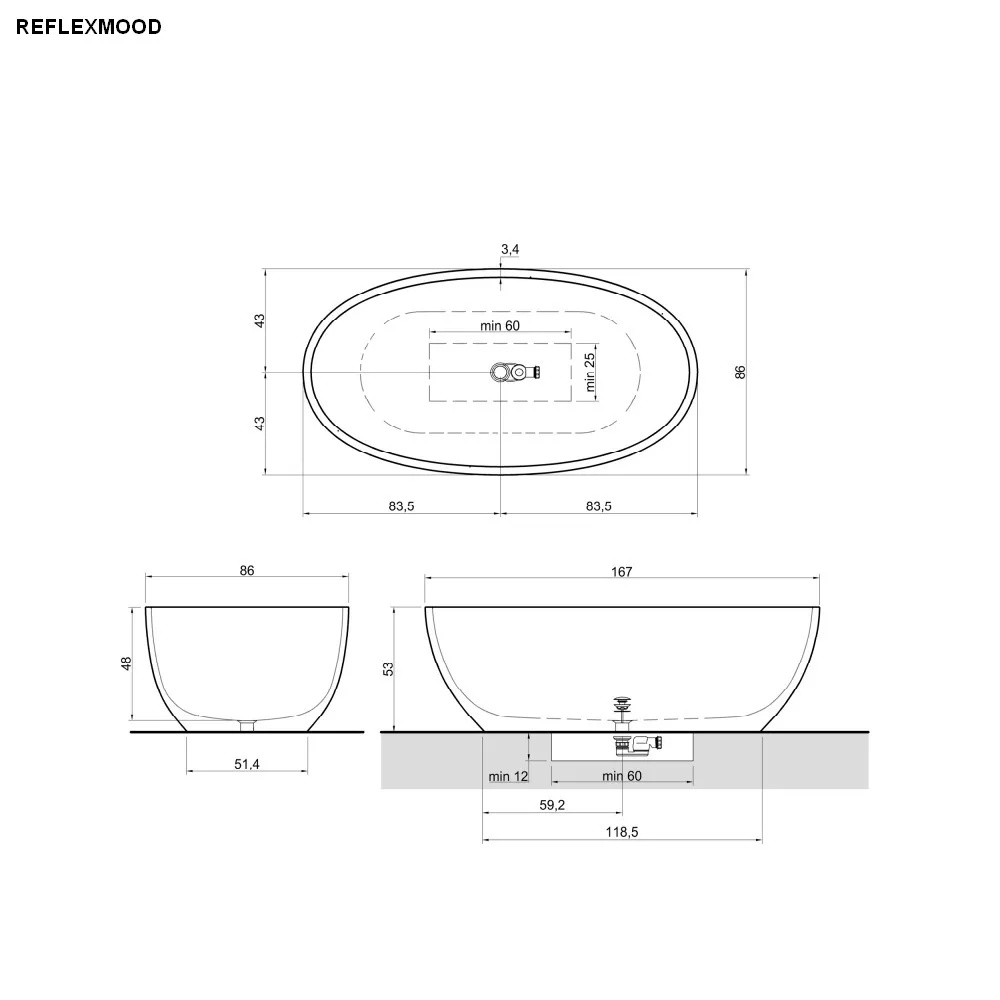 antoniolupi REFLEXMOOD freistehende Badewanne, 167x86x53cm, weiß matt, Ablaufgarnitur weiß matt-REFLEXMOOD