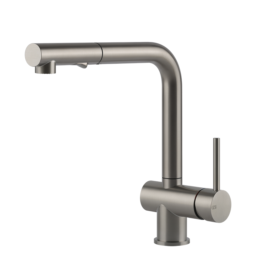 Gessi ACCIAIO Einhebelmischer mit Schwenkarm und Auszugsbrause mit 2 Strahlfunktionen, edelstahl matt gebürstet - 60600239