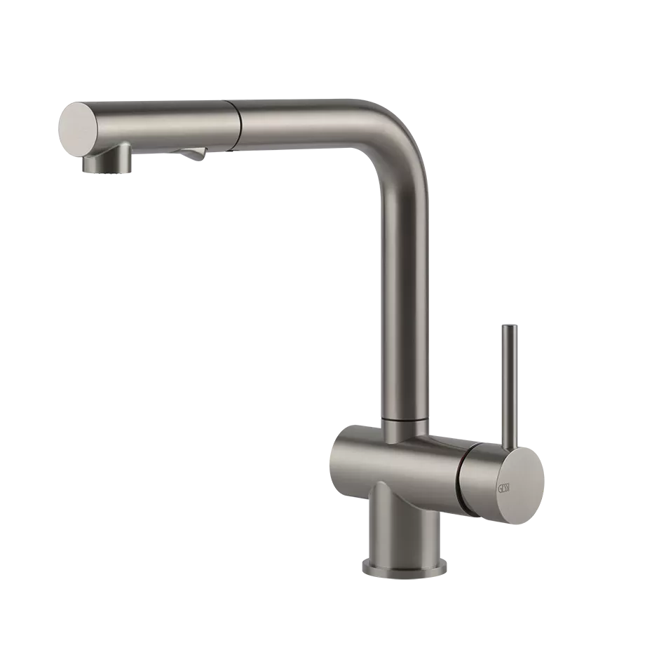 Gessi ACCIAIO Einhebelmischer mit Schwenkarm und Auszugsbrause mit 2 Strahlfunktionen, edelstahl matt gebürstet - 60600239