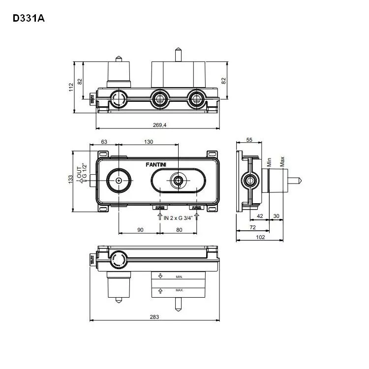 Fantini Unterputz-Einbauteil-Thermostat 3/4¨mit 1-Absperrventil, waagerecht-1900D331A