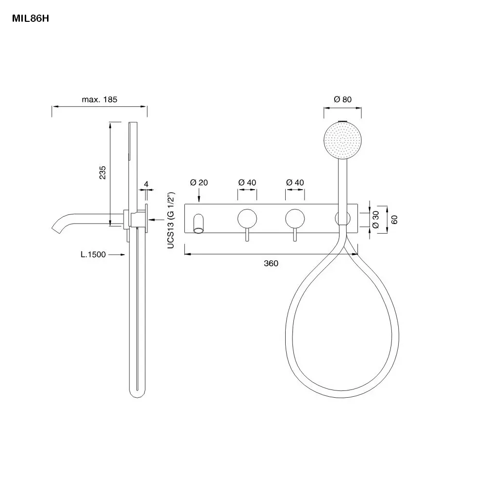 cea MIL 86H Wand-Wannen-Doppel-Eingriffmischer, Ausladung: 185mm, mit Rundkopf-Handbrause, Durchmesser: 80mm, Schlauchfarbe quarzgrau nach RAL 7006, edelstahl satiniert - MIL86HDBS cea MIL 86H Wand-Wannen-Doppel-Eingriffmischer, Ausladung: 185mm, mit Rundkopf-Handbrause, Durchmesser: 80mm, Schlauchfarbe quarzgrau nach RAL 7006, edelstahl satiniert - MIL86HDBS