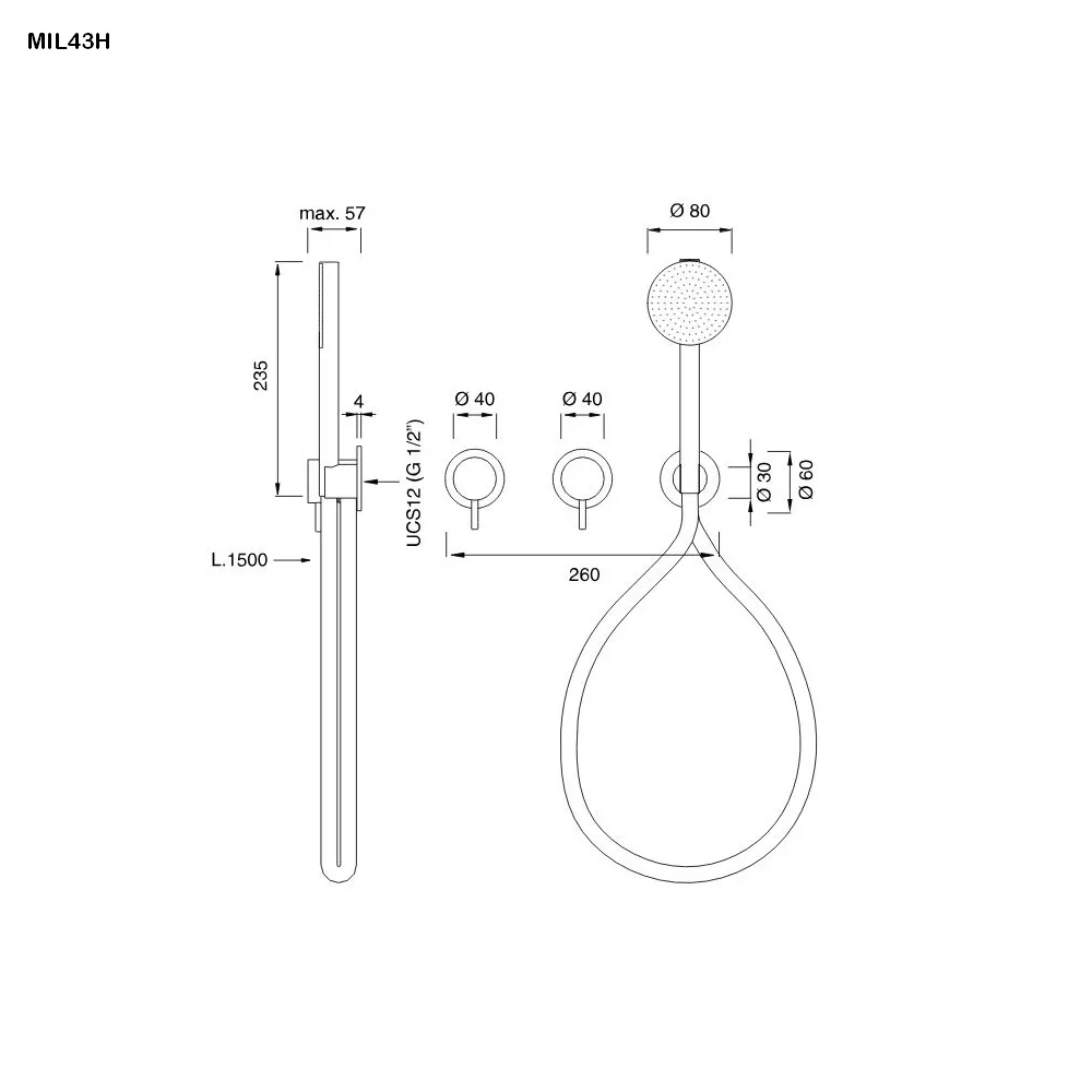 cea MIL 43H Wand-Brause-Doppel-Eingriffmischer mit Rundkopf-Handbrause, Durchmesser: 80mm, Schlauchfarbe seidengrau nach RAL 7044, edelstahl satiniert - MIL43HSGS cea MIL 43H Wand-Brause-Doppel-Eingriffmischer mit Rundkopf-Handbrause, Durchmesser: 80mm, Schlauchfarbe seidengrau nach RAL 7044, edelstahl satiniert - MIL43HSGS
