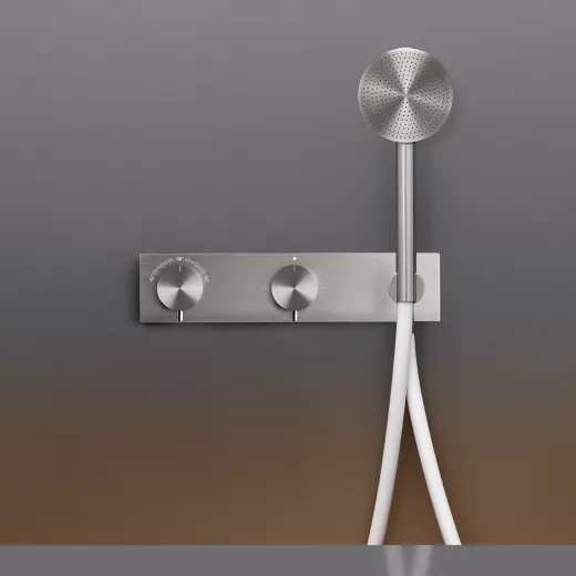 cea MIL 143H Wand-Brause-Thermostat mit Aqua-Stop-System, 2/3-Wege-Umstellung und Rundkopf-Handbrause D:80mm, edelstahl satiniert, Schlauch weiß-MIL143HWS