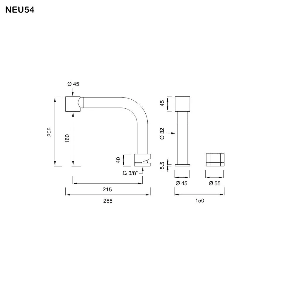 ceadesign NEUTRA Zweiloch-Mischer mit schwenkbarem und abnehmbarem Auslauf zur Unterfenster-Montage, herausziehbare Handbrause, Ausladung: 215mm, edelstahl satiniert-NEU54S